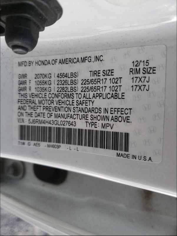 2016 HONDA CR-V SE 5J6RM4H43GL027643