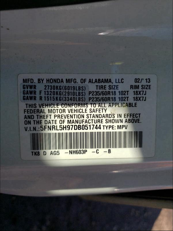 2013 HONDA ODYSSEY TO 5FNRL5H97DB051744