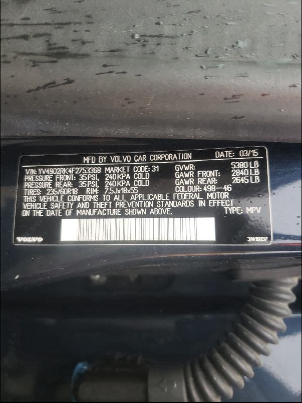 2015 VOLVO XC60 T6 PR YV4902RK4F2753368