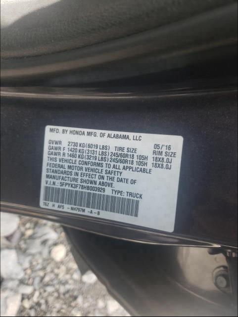 2017 HONDA RIDGELINE 5FPYK3F78HB003929