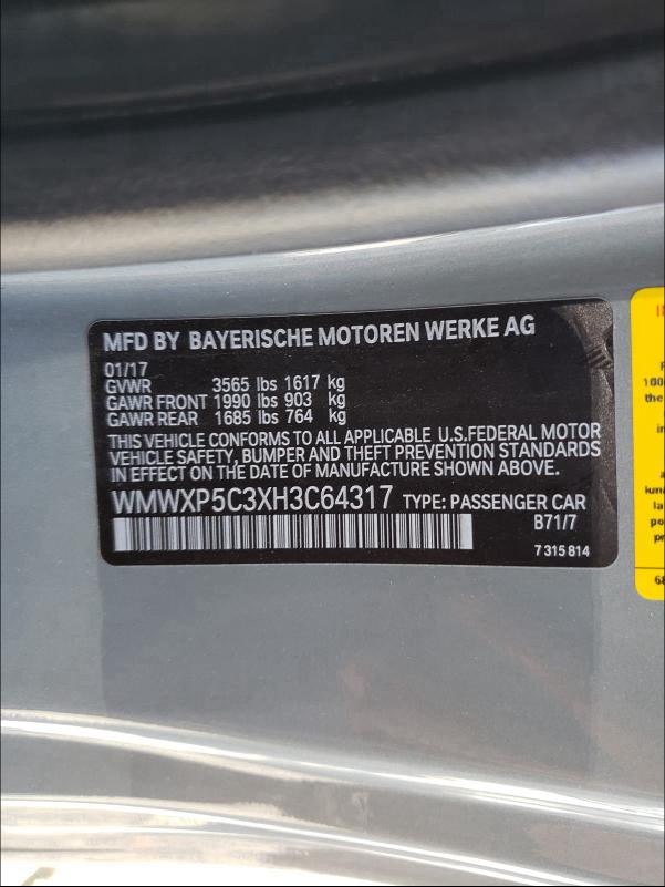 2017 MINI COOPER WMWXP5C3XH3C64317
