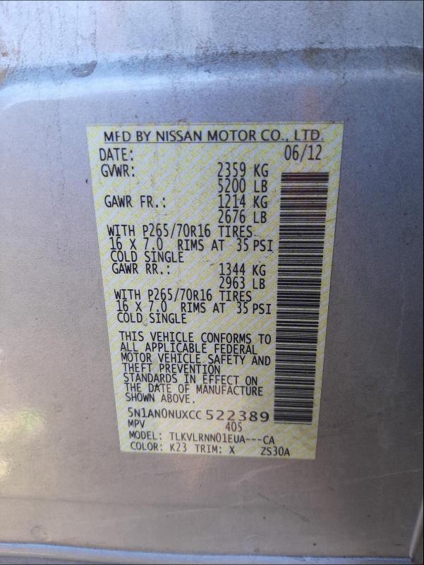 2012 NISSAN XTERRA OFF 5N1AN0NUXCC522389