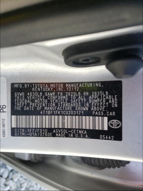 2012 TOYOTA CAMRY BASE 4T1BF1FK1CU203171