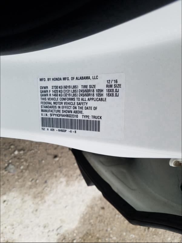 2017 HONDA RIDGELINE 5FPYK3F64HB022310