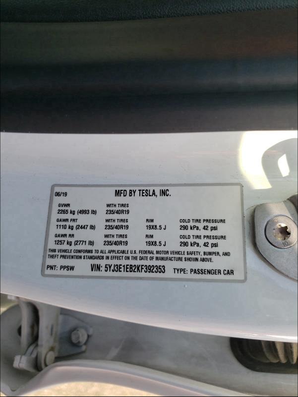 2019 TESLA MODEL 3 5YJ3E1EB2KF392353