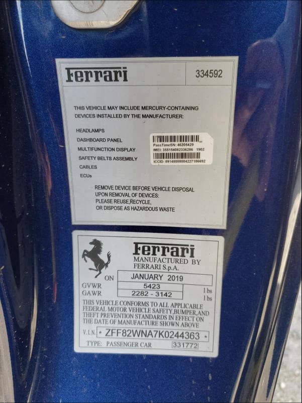 2019 FERRARI GTC4 LUSSO ZFF82WNA7K0244363