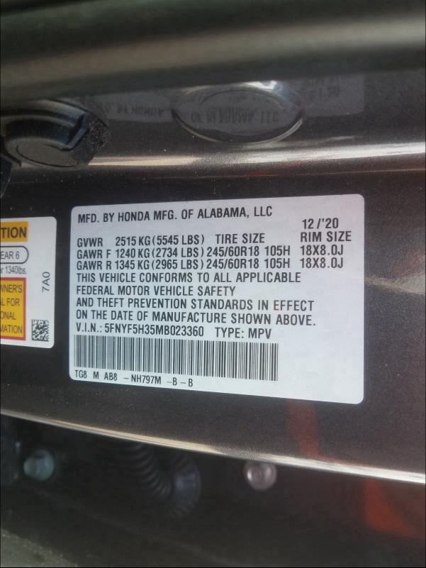 2021 HONDA PILOT EX 5FNYF5H35MB023360