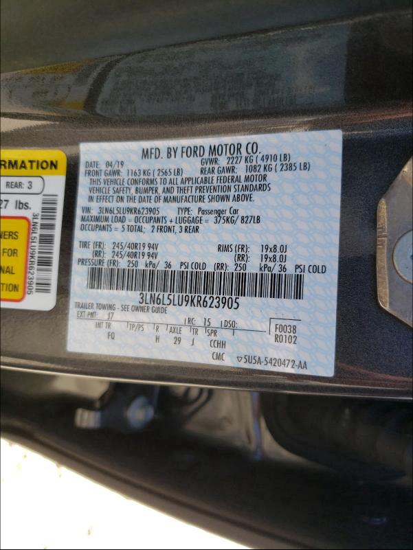 2019 LINCOLN MKZ RESERV 3LN6L5LU9KR623905