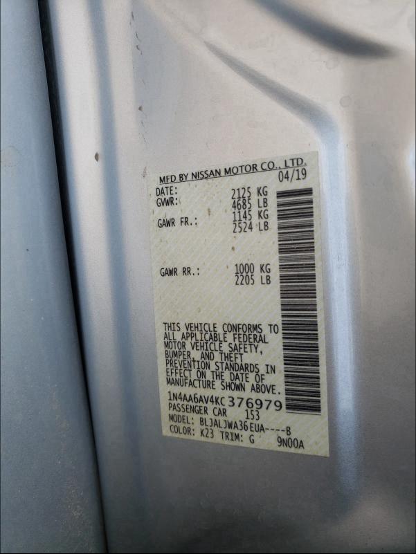 2019 NISSAN MAXIMA 1N4AA6AV4KC376979