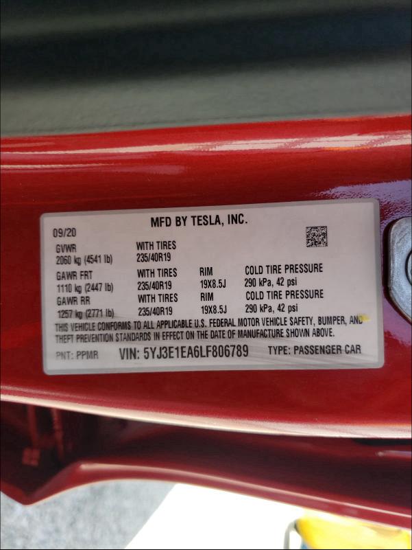 2020 Tesla Model 3 el 3(VIN: 5YJ3E1EA6LF806789