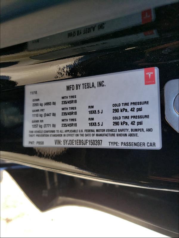 2018 TESLA MODEL 3 5YJ3E1EB9JF150397