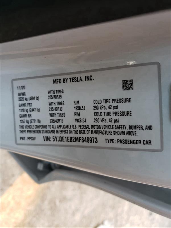 2021 TESLA MODEL 3 5YJ3E1EB2MF849973