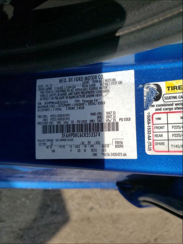2012 FORD FUSION SPO 3FAHP0KC6CR353374