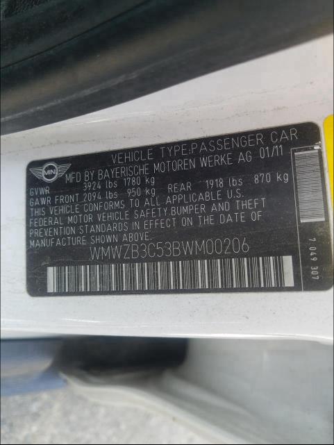 2011 MINI COOPER COU WMWZB3C53BWM00206