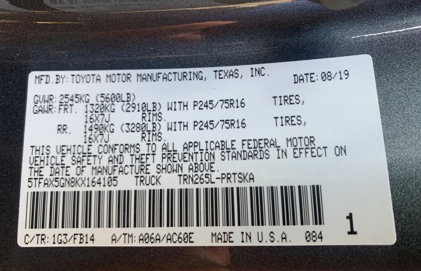 2019 TOYOTA TACOMA DOU 5TFAX5GN8KX164105