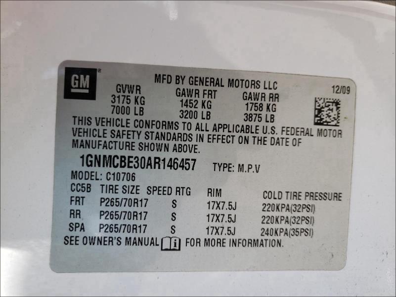 2010 CHEVROLET TAHOE 1GNMCBE30AR146457