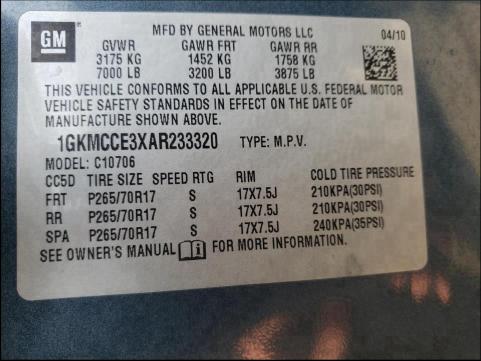2010 GMC YUKON SLT 1GKMCCE3XAR233320