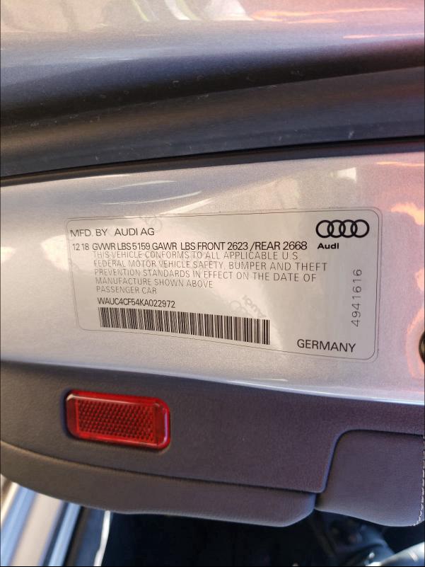 2019 AUDI S5 PRESTIG WAUC4CF54KA022972