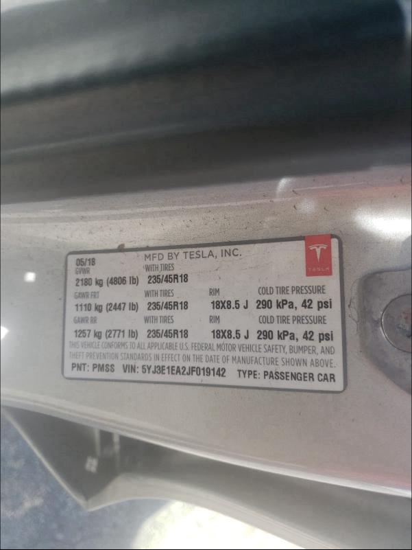 2018 TESLA MODEL 3 5YJ3E1EA2JF019142