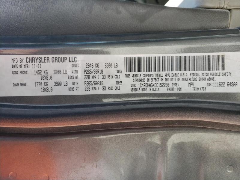 2012 DODGE DURANGO SX 1C4RDHAGXCC152280