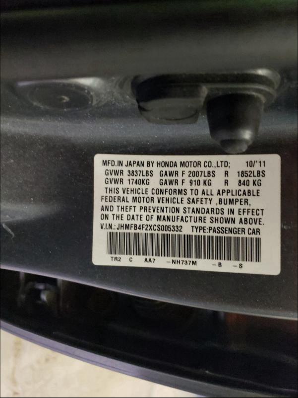 2012 HONDA CIVIC HYBR JHMFB4F2XCS005332