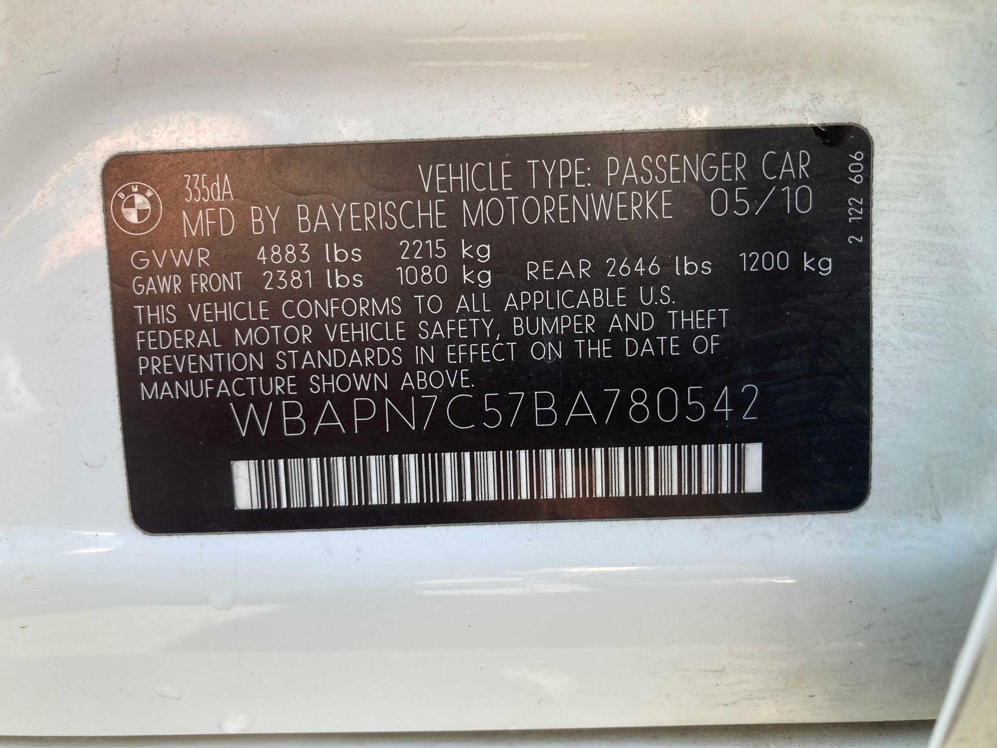 2011 BMW 335 D WBAPN7C57BA780542