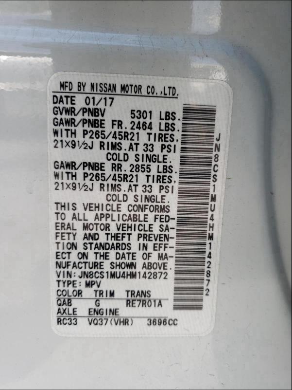 2017 INFINITI QX70 JN8CS1MU4HM142872
