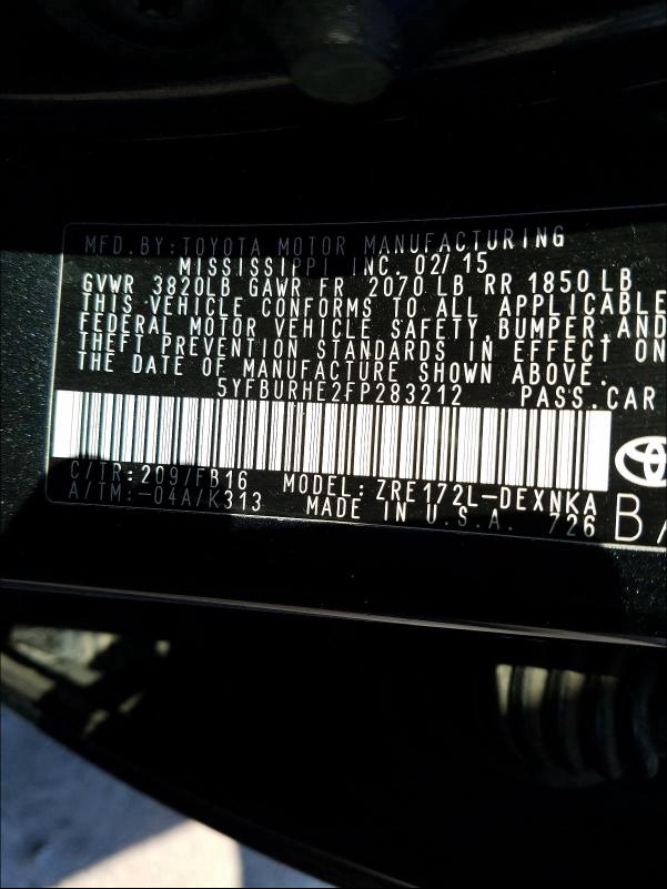 2015 TOYOTA COROLLA L 5YFBURHE2FP283212