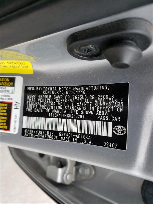 2016 TOYOTA AVALON XLE 4T1BK1EB4GU210294