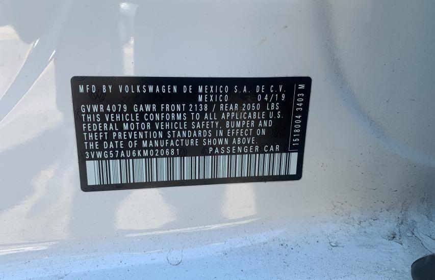 2019 VOLKSWAGEN GOLF S 3VWG57AU6KM020681