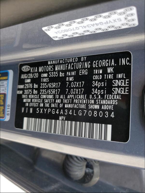 2020 KIA SORENTO 5XYPG4A34LG708034