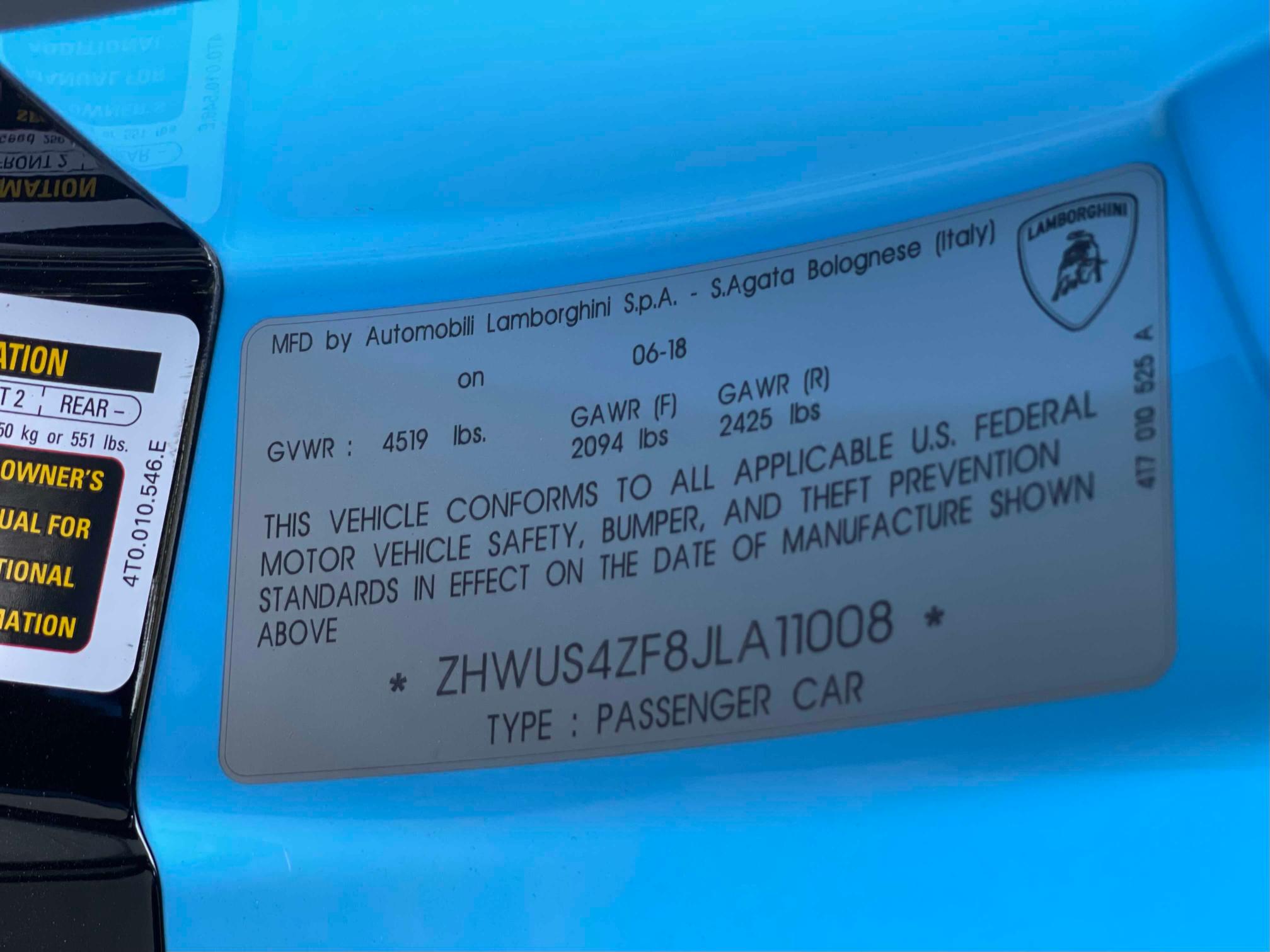 2018 LAMBORGHINI HURACAN PE ZHWUS4ZF8JLA11008