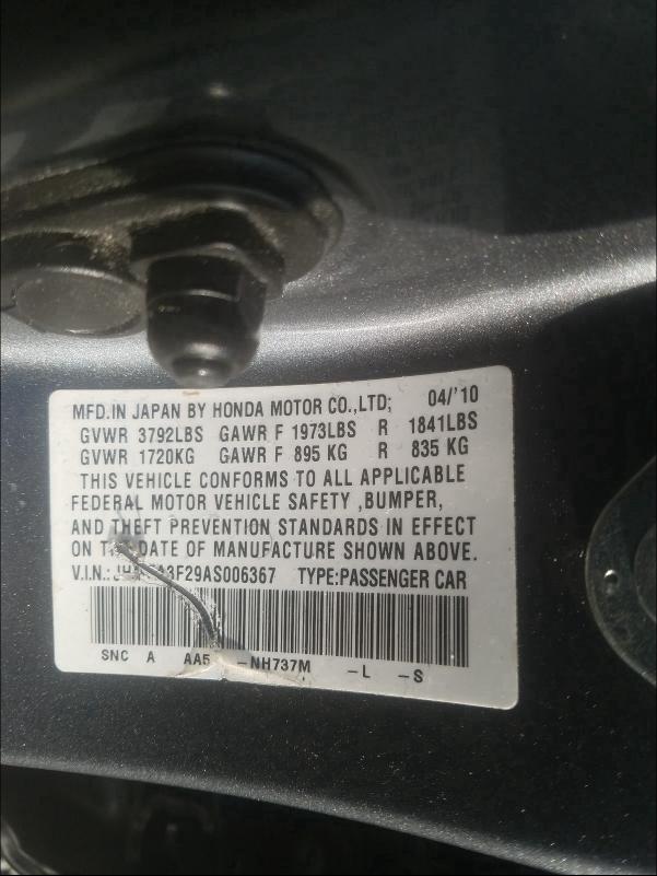2010 HONDA CIVIC HYBR JHMFA3F29AS006367