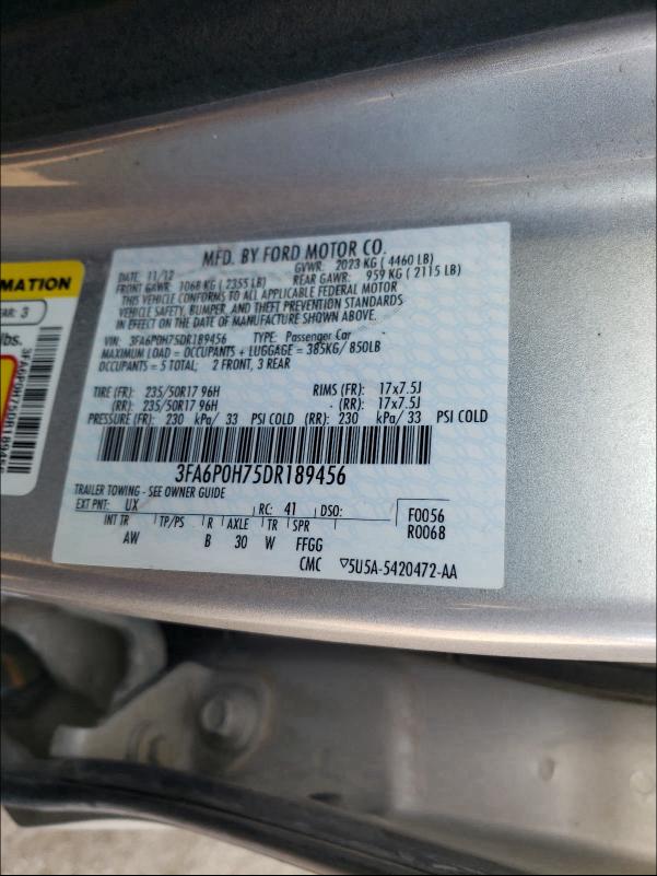 2013 FORD FUSION SE 3FA6P0H75DR189456