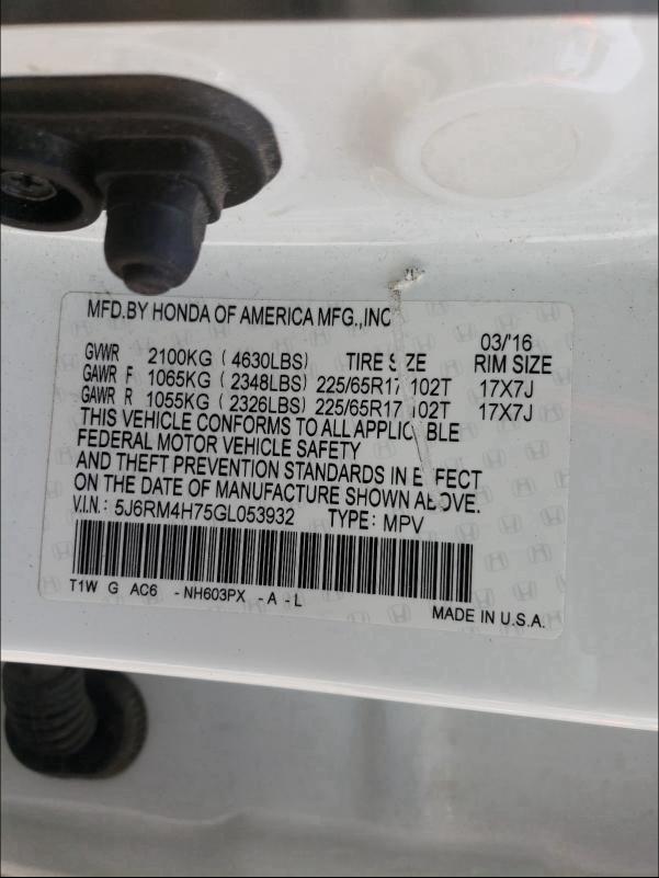 2016 HONDA CRV 5J6RM4H75GL053932