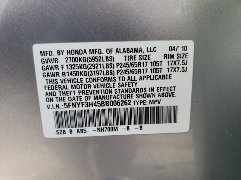 2011 HONDA PILOT EX 5FNYF3H45BB006262