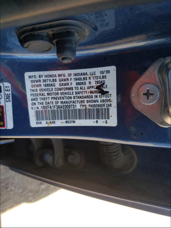 2010 HONDA CIVIC VP 19XFA1F36AE009731