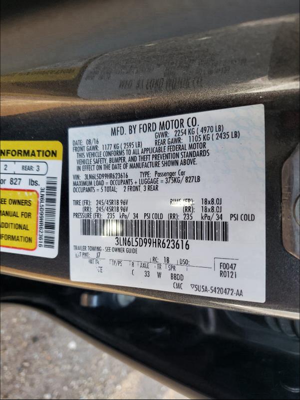 2017 LINCOLN MKZ SELECT 3LN6L5D99HR623616