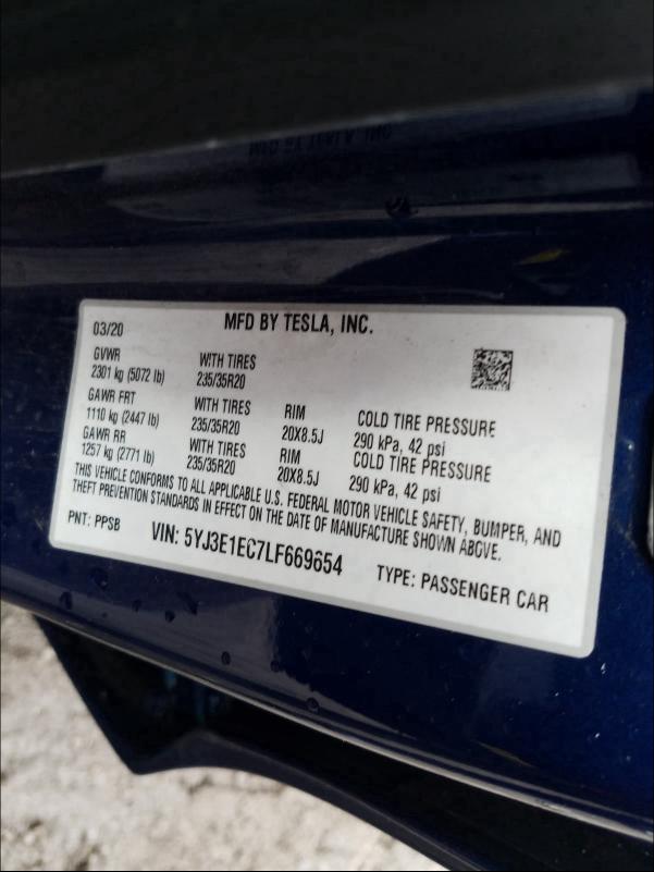 2020 TESLA MODEL 3 5YJ3E1EC7LF669654