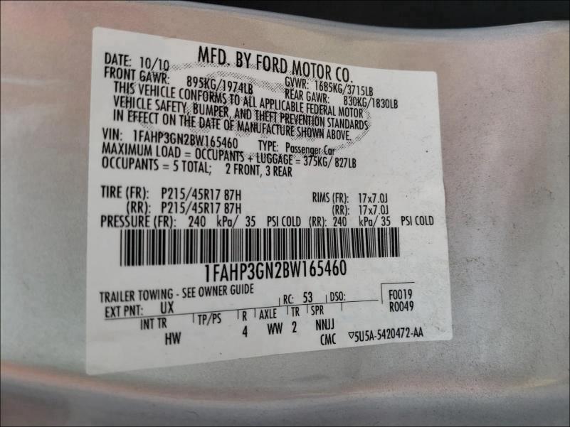 2011 FORD FOCUS SES 1FAHP3GN2BW165460