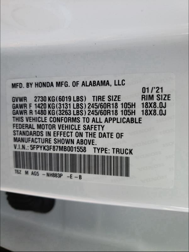 2021 HONDA RIDGELINE 5FPYK3F87MB001558