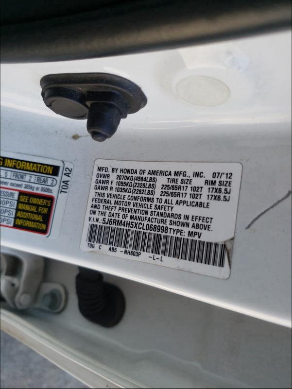 2012 HONDA CRV 5J6RM4H5XCL068998