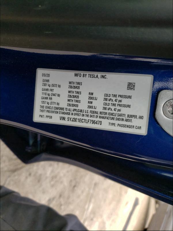 2020 TESLA MODEL 3 5YJ3E1EC7LF796470