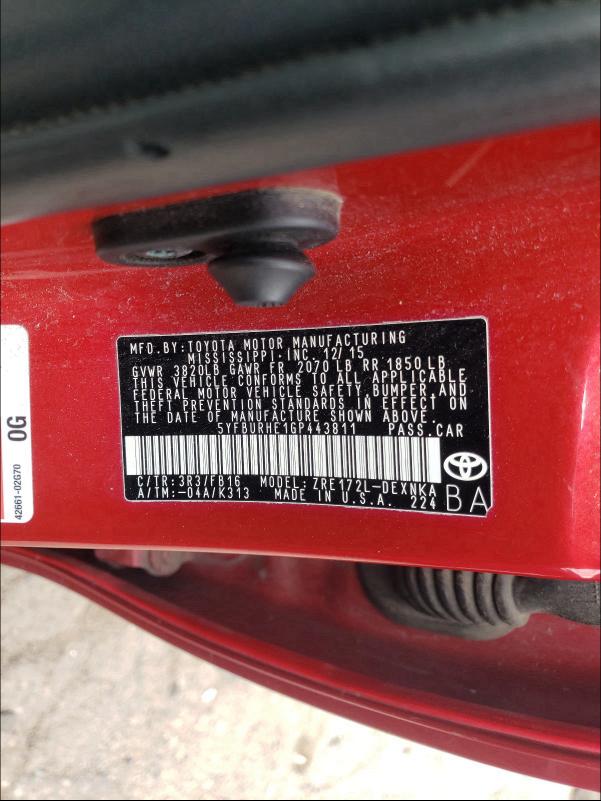 2016 TOYOTA COROLLA L 5YFBURHE1GP443811