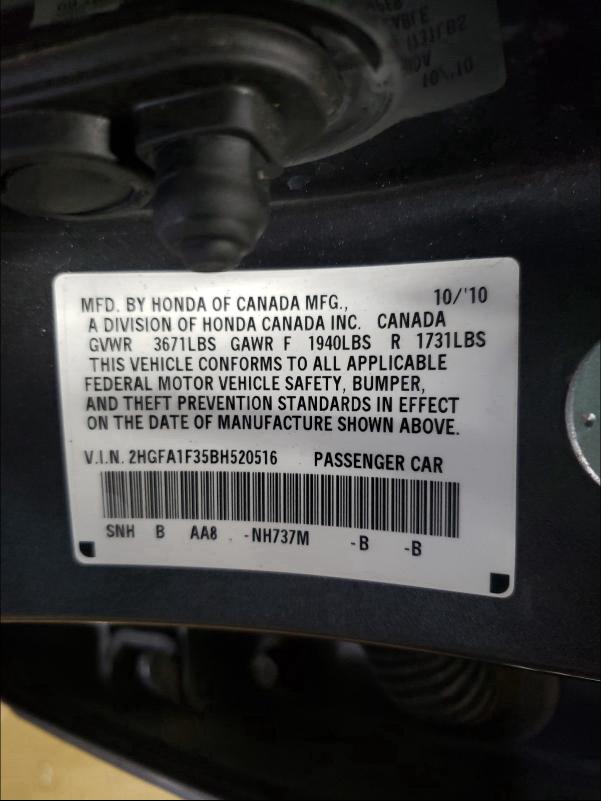 2011 HONDA CIVIC VP 2HGFA1F35BH520516