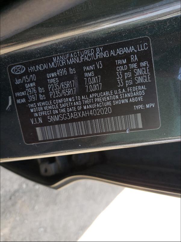 2010 HYUNDAI SANTA FE 5NMSG3ABXAH402020