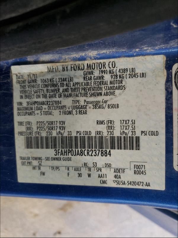 2012 FORD FUSION SEL 3FAHP0JA8CR237884