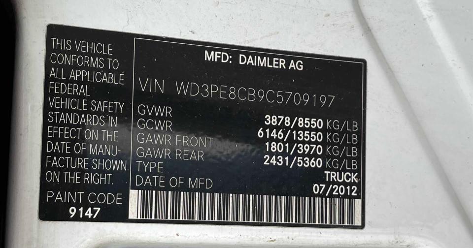 2012 MERCEDES-BENZ SPRINTER 2 WD3PE8CB9C5709197