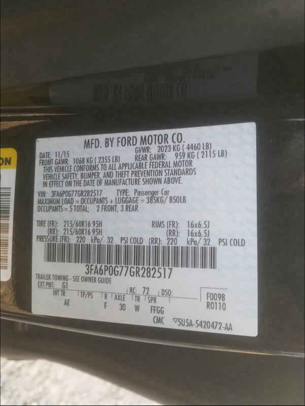 2016 FORD FUSION S 3FA6P0G77GR282517