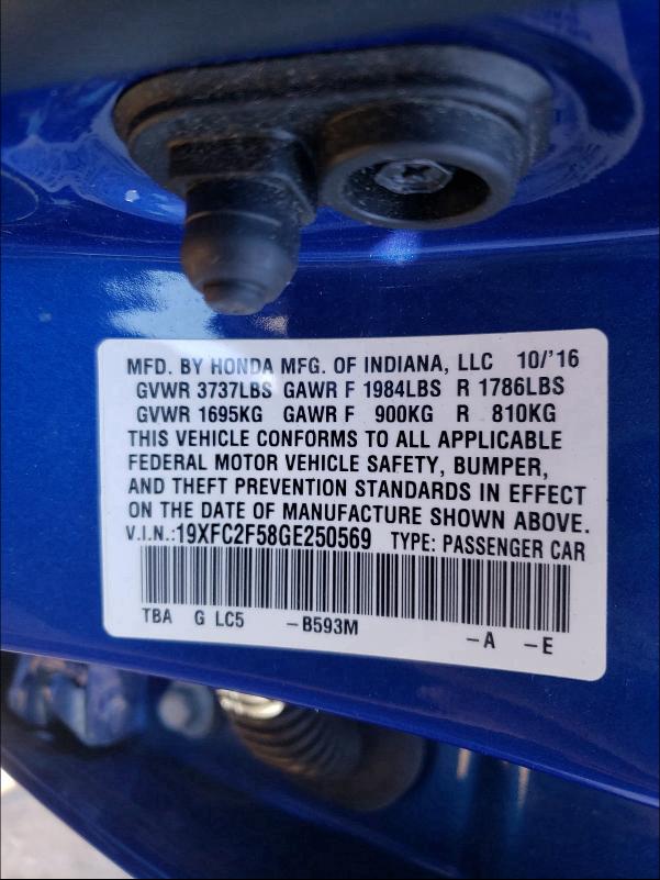 2016 HONDA CIVIC LX 19XFC2F58GE250569